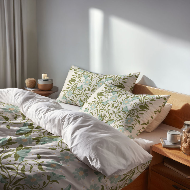 Ensemble d'édredon léger Colette, Édredon grand + 2 taies d'oreiller standard, Motif floral vert