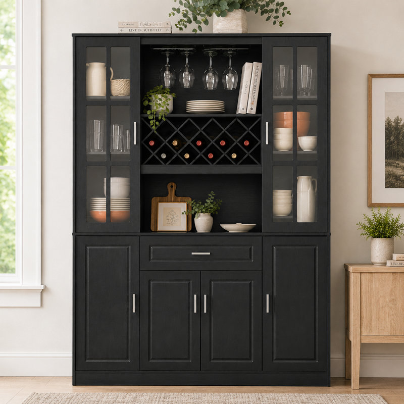 Cave à vin Cellavora de 188,5 cm de hauteur avec casier à bouteilles et porte-verres à pied, garde-manger autoportant à 4 portes avec tiroir, étagères ouvertes, étagères intérieures réglables, rangement dans les portes