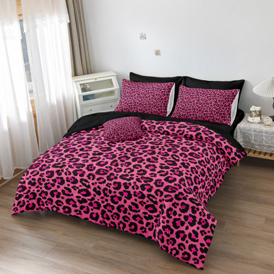 Leopard Print Comforter Queen Black and Pink Bedding Sets 8 Pcs Hot Pink Cheetah Animal Print Texture Wild Leopard Bed in A Bag with Comforter and Sheet Set