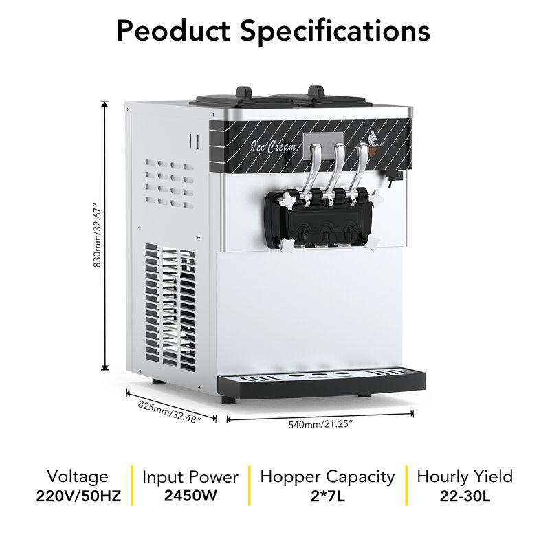 2450W Machine à crème glacée pour comptoir 3 options de saveur avec affichage numérique de 1,6 gallon de 5 à 7,9 gallons par heure avec pré-refroidissement standard américain