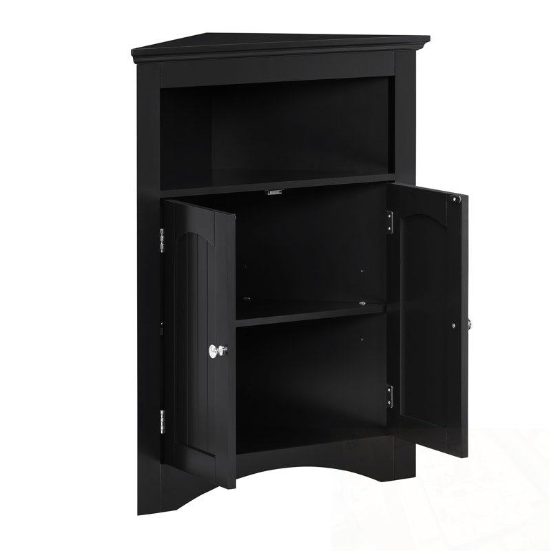 Armoire de coin de salle de bain avec portes et tablette ouverte, Noir