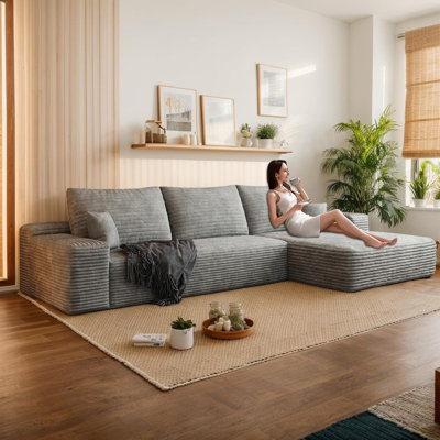 Très grand canapé modulaire en velours côtelé désossé, canapé modulaire en forme de L de L 108 po avec méridienne / repose-pieds, aucun assemblage requis, fauteuils de compression pour le salon (noir, 3 places + méridienne droite)