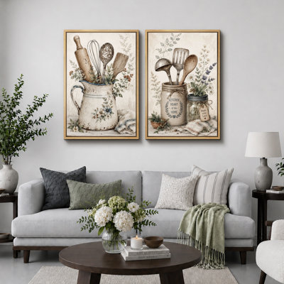 Vintage Kitchen Utensil Still Life Artwork, Kitchen Pictures, Framed Canvas Giclee Print 2 Pieces Wall Art