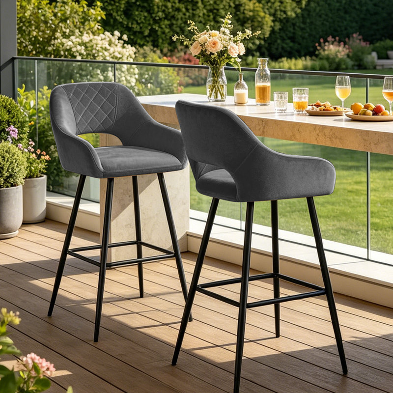 Velvet Upholstered Bar Stools with Armrests, Grey