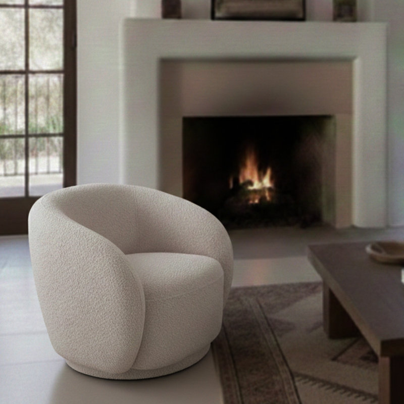 Fauteuil demi-tonneau 32,8 "pivotant à 360 ° avec cadre en bois d'eucalyptus, Beige