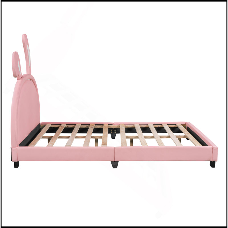 Lit plateforme tapissier en cuir avec ornement en forme de lapin, Lit double, Rose