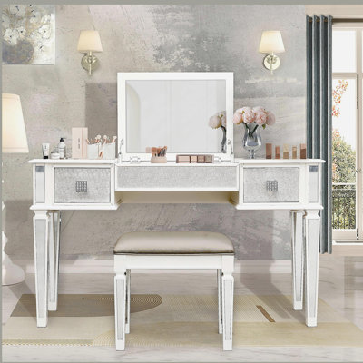 Mirrored Vanities Desk With Drawers, Bedroom Makeup Vanity Table Set With Mirror And Stool, Flip Up Dressing Table For Bedroom/Makeup Room, Working Desk For Women, Girl Furniture Combo