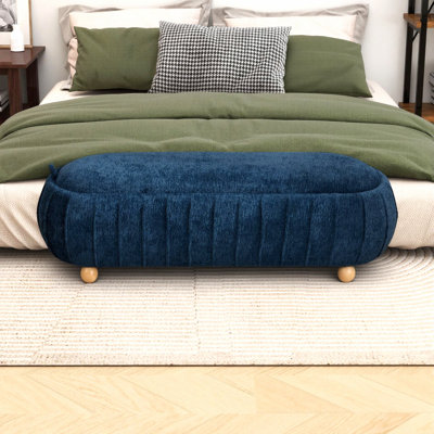 55" Storage Bench with Rubberwood Legs, Chenille Upholstered Ottoman for Bedroom, Living Room, Entryway