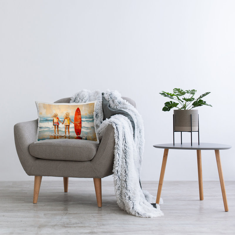 Coussin décoratif avec planche de surf Kids & Beach Design par Petal Prints Design