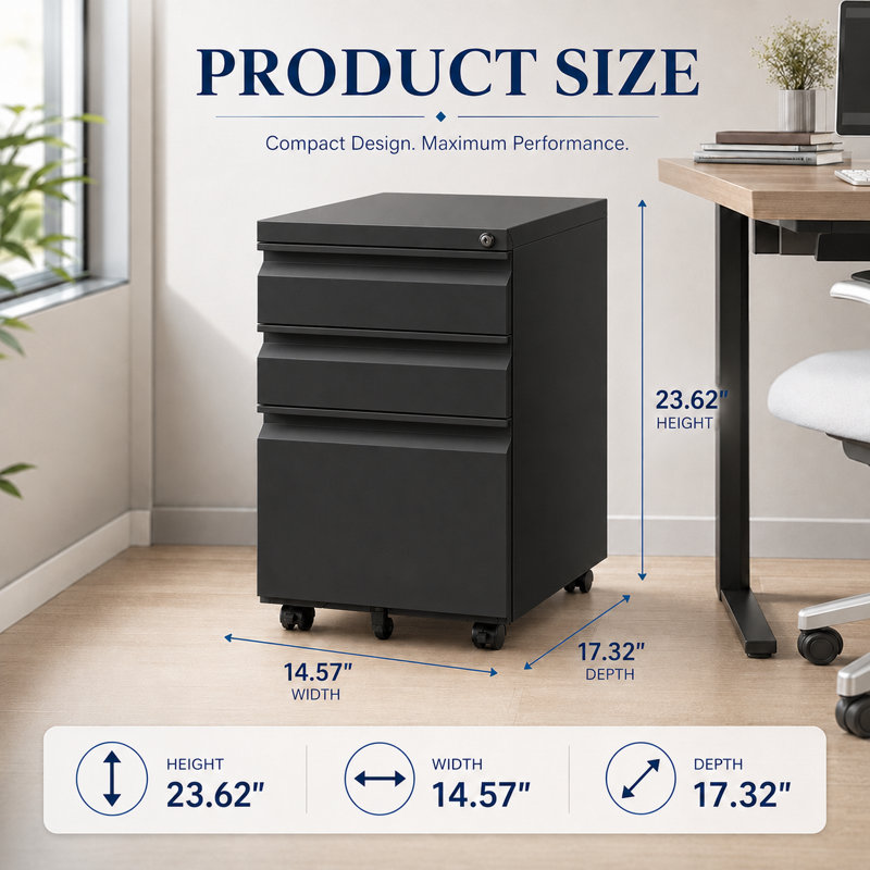 Bizoe 3-Drawer Mobile Steel File Cabinet with Lock and 5 Casters, Fully Assembled Except Wheels, Legal and Letter Hanging File Storage on Rolling Base for Home Office