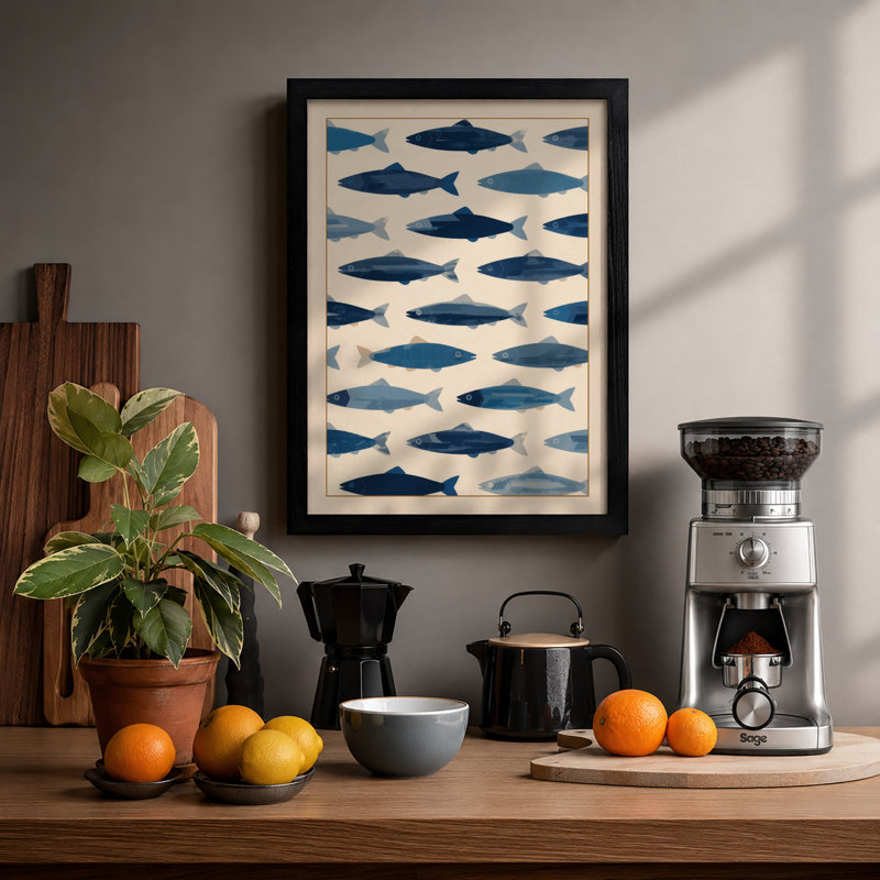 Swimming Fish Pattern Geometric - Framed Print, A4 - 29.7 x 21.0 cm, Black