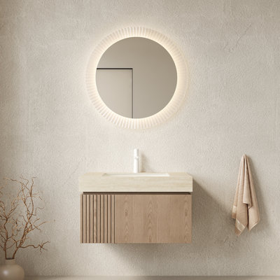 Meuble-lavabo de salle de bain 30 po et lavabo, meuble de rangement flottant en contreplaqué avec tiroir et porte, comptoir en pierre frittée roma travertin et lavabo en céramique
