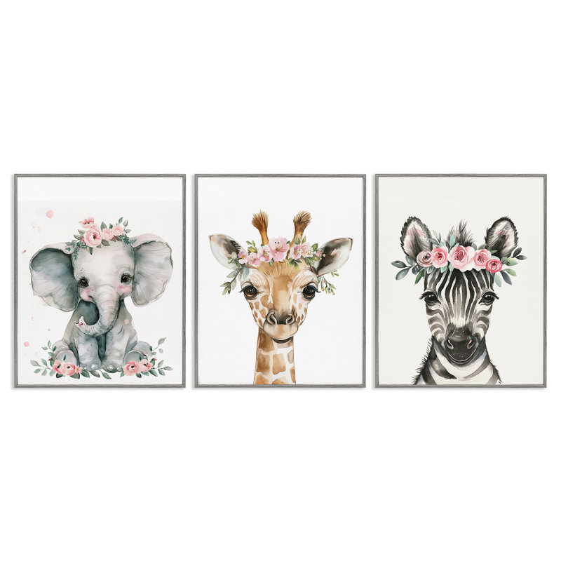 «Pink Rose Jungle Animals», ensemble de 3 giclées par LSR Design Studio, Estampe numérique Farmhouse, H 14 po x l 11 po