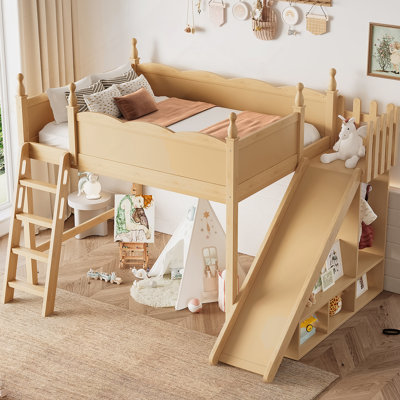 Full Loft Bed With Storage Shelves And Wardrobe, Solid Wood Loft Beds With Detachable Slide And Ladders, No Spring Box Needed,Natural.(Patent Protection)