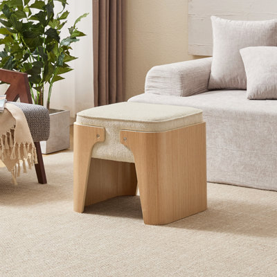 19.7" Wide Linen Upholstered Ottoman With Wood Base