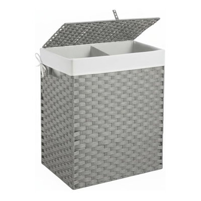 Wicker Laundry Hamper with Lid,90L (24Gal) Foldable Laundry Basket with Removable,Machine Washable 2-Section Liner and Handles,Gray Rattan Hamper for Organization and Storage