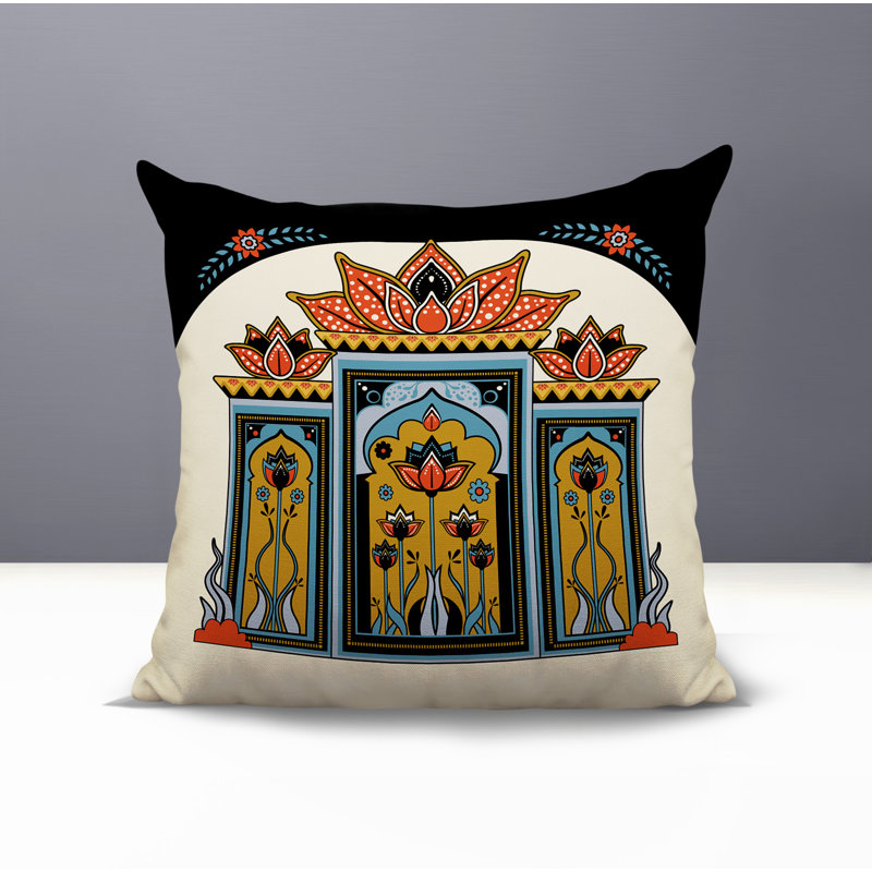Coussin intérieur / extérieur Kimaya Lotus Arch, Noir / orange / or / bleu / gris, Carré 15 po