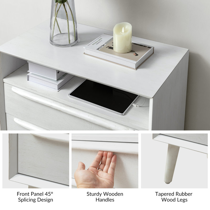 Aviannah Mid-Century Modern 2 - Drawer Nightstand With Built-In Charging Station And Legs And Open Shelf Set Of 2, White