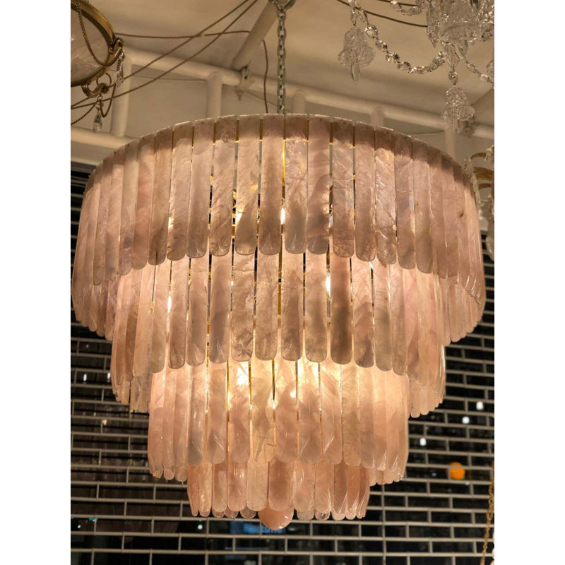 Lustre en cristal de roche rose clair, Bronze, Citrine, 47" Diameter x 45" Height
