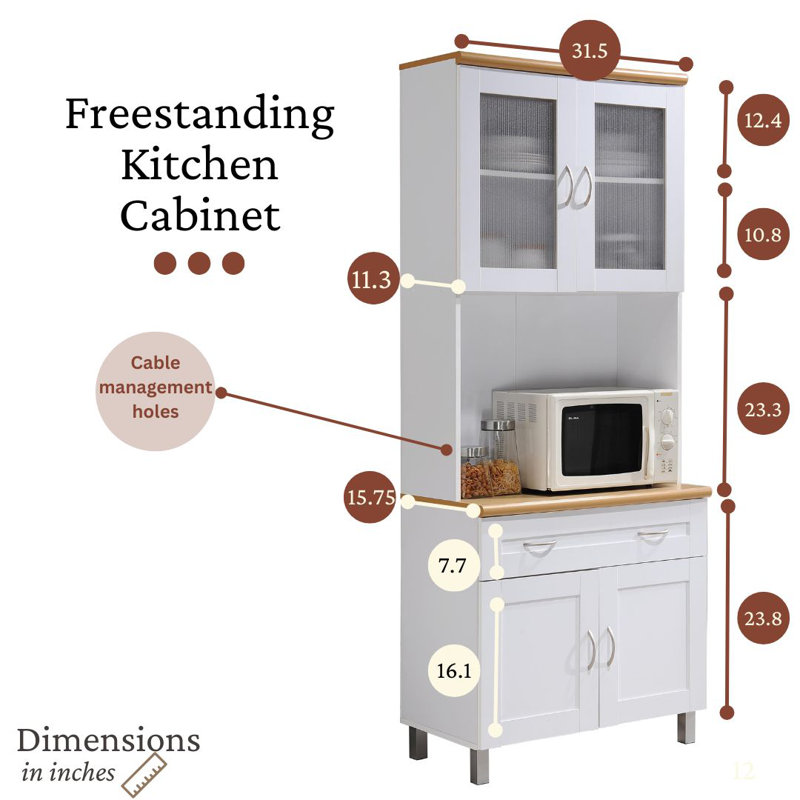 Kitchen Cabinet 31.5 inch Wide Freestanding China Display Hutch with Storage, Microwave Shelf and Utensil Drawer, White