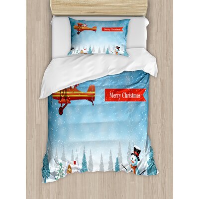 Christmas Santa in a Plane with Banner Flying over Forest with Snowman Jolly Season Duvet Cover Set -  Ambesonne, nev_19403_twin