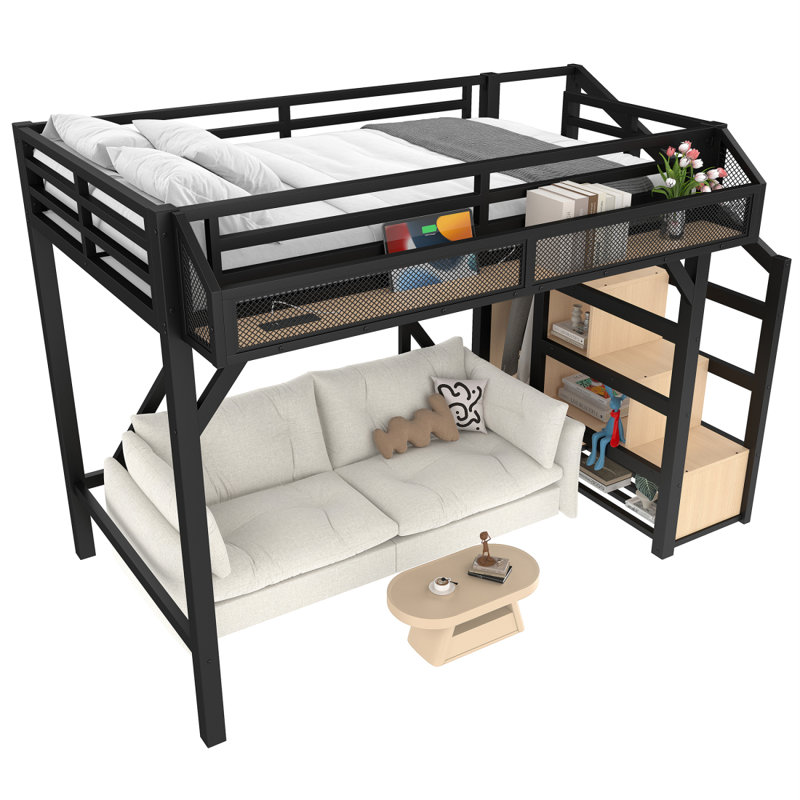 Lit mezzanine simple avec escalier de rangement, tablettes et garde-robe intégrée, cadre de lit mezzanine en métal avec ports USB et lumières DEL, conception à bruit réduit, noir
