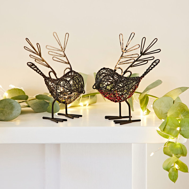 Set of Two Small Wire Winged Robin Decorative Ornament