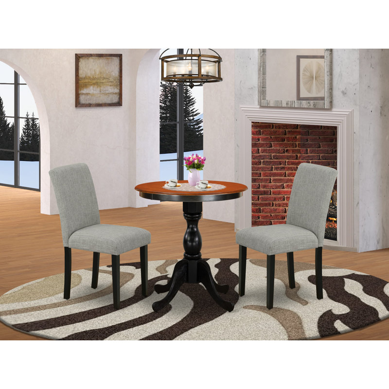 3 Piece Kitchen Table Set Contains a Round Dining Table with Pedestal and 2 Shitake Linen Fabric Parson Dining Chairs, Black & Cherry