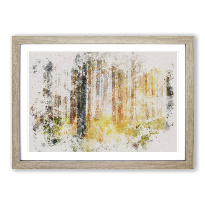 Rays of Light Through an Autumn Forest Watercolour - Picture Frame Graphic Art Print, 36cm H x 48cm W x 2cm D, Oak Framed