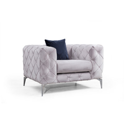 Modern Wing Chair, Light Grey, 42.5 x 27.6 x 35.4 inches | Beech Wood & Chipboard Frame, 100% Polyester Fabric | Chrome Metal Legs, Includes 1 Pillow | Comfortable Foam & Feather Cushions, Perfect for Glam Home Decor