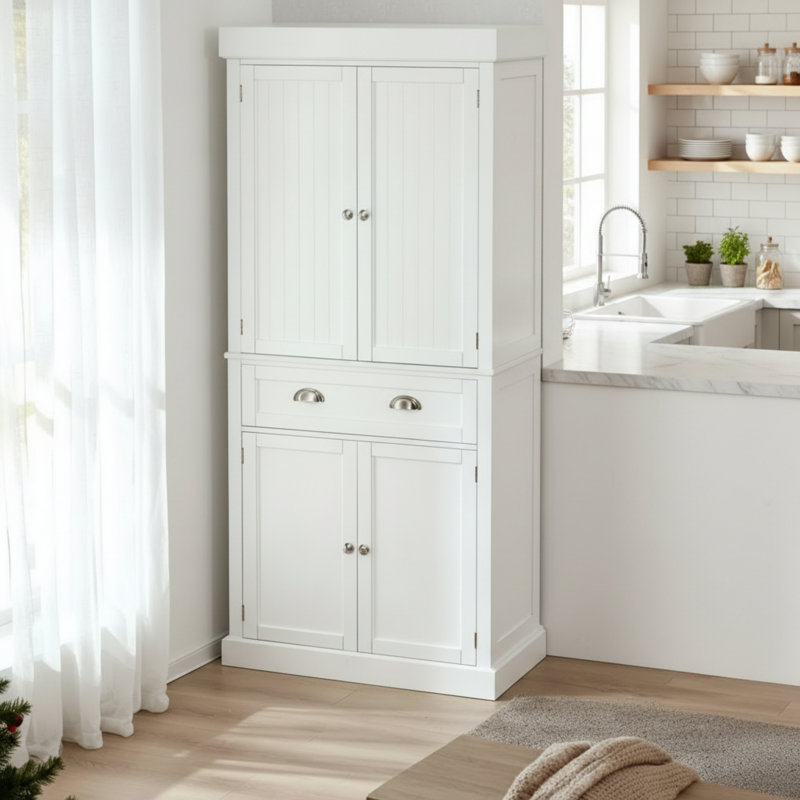 Unité de rangement blanche de 72 pouces avec 4 grands tiroirs et tablettes réglables, idéale pour le rangement dans le salon.