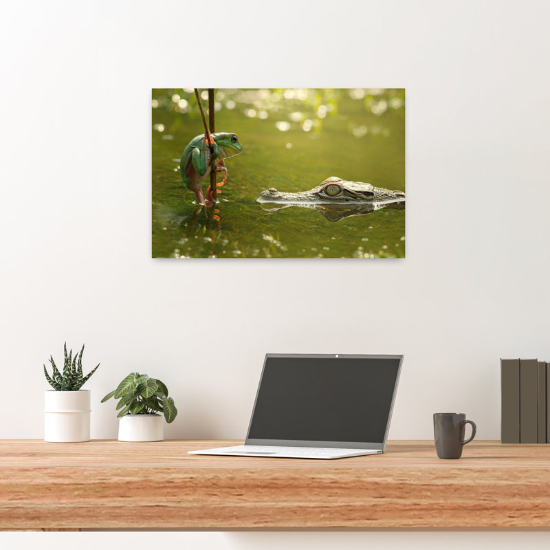 Frog And Crocodile Standoff Dramatic Contemporary Crocodile Frog Nature Tropical Wall Art Print by Edy Pamungkas - Print