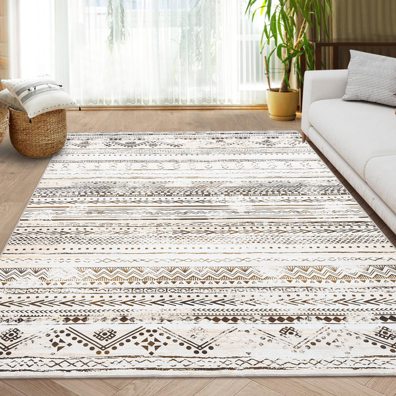 Machine Washable Boho Vintage Printed Area Rug Stylish Indoor Non Slip Stain Resistant Easy To Clean Ultra Thin Non Shedding Pet Friendly Foldable Decorative Throw Rug With Bordered Design