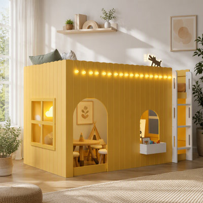 Lit mezzanine simple pour enfant avec guirlande lumineuse DEL