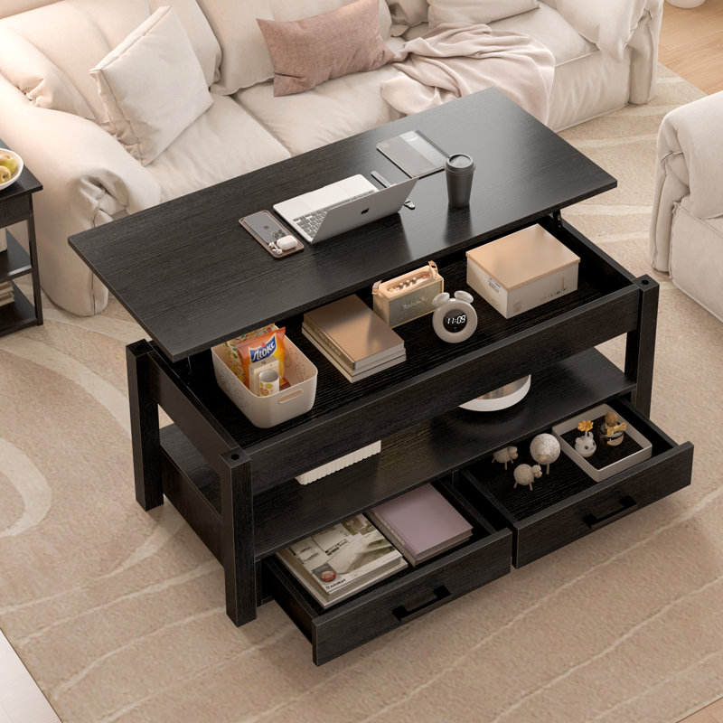 Areil Lift Top Coffee Table with Storage, Cocktail Table with 2 Drawers, Black
