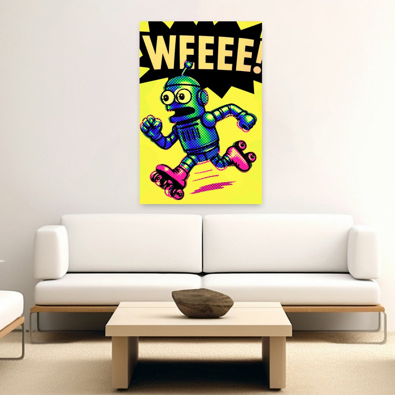 Joyful Robot Skates Colorful Retro Vibrant Wall Art Print 1 Piece Wrapped Canvas Wall Art, 152.4cm H x 101.6cm W