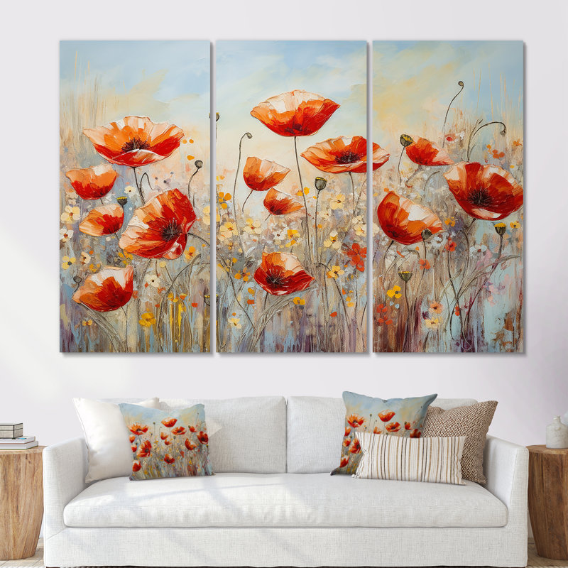 Red Poppies Blossoming II - ensemble d'art mural champ de fleurs, Toile tendue, H 32 po x l 48 po x P 1 po