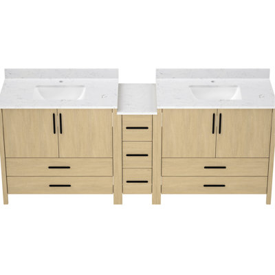 Meuble-lavabo de salle de bain avec lavabos doubles de 84 pouces, comptoir blanc, panneau de façade, conception à charnières, charnières, lavabo autoportant à montage sans effort de 84 po et contreplaqué, dispositif de rail de rembourrage,