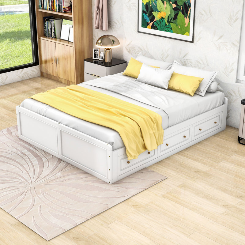Structure de lit plateforme en bois 6 tiroirs grand format, peu encombrant, Blanc