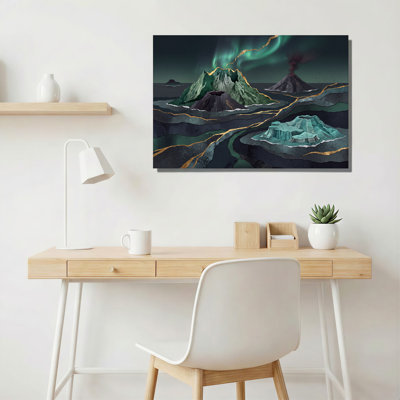 Art mural sur toile Teal Volcano Mountains with Green Aurora And Gold Lines
