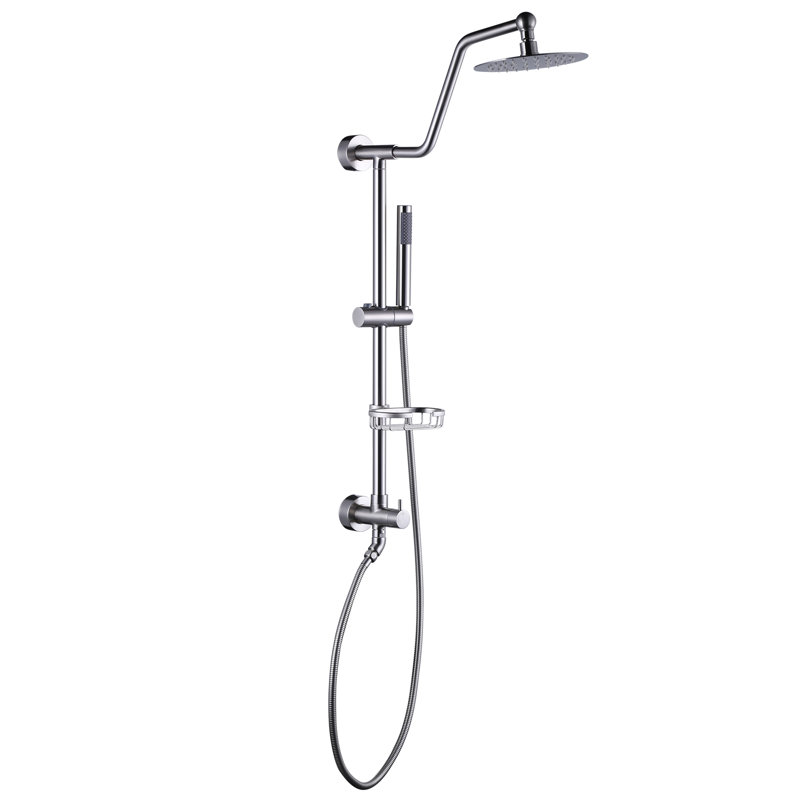 1-Spray Multifunction Round Wall Bar Shower Kit with Swivel Shower Head, Hand Shower and Soap Caddy, Brushed Nickel