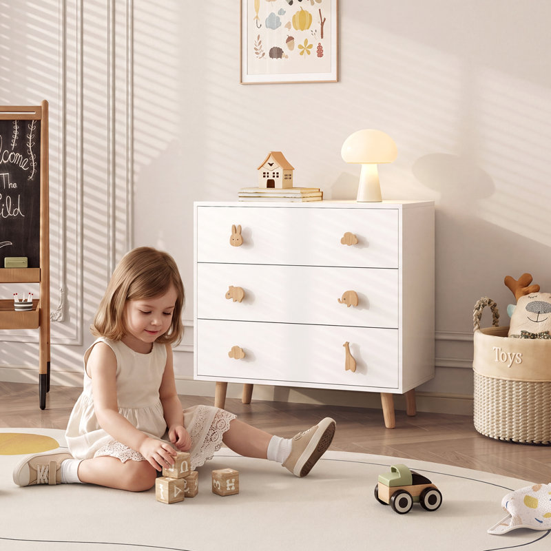 Commode enfant blanche à 3 tiroirs avec adorables poignées en bois en forme d'animaux – Meuble de rangement sécuritaire, spacieux et moderne pour chambre d'enfant
