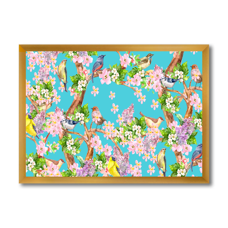 «Little Birds Sitting on Spring Flow», peinture sur toile encadrée, H 12 po x l 20 po x p 1 po, Encadrement doré