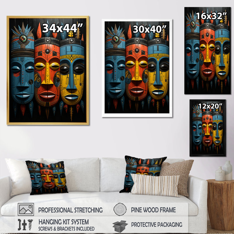 Masques de tribus mystiques d'Afrique III, Cadre flottant naturel, H 32 po x l 16 po x P 1 po