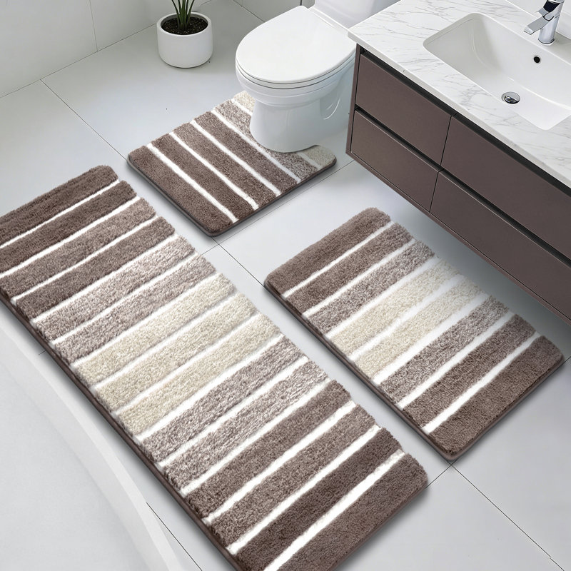 Absorbent Non-Slip Striped Bath Mat Bathroom Rug (Set Of 3), Brown