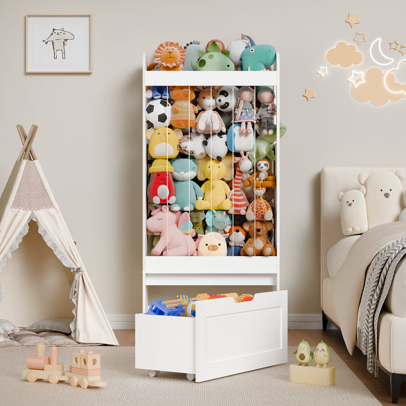 Rangement pour jouets H 51,5 po, rangement pour animaux en peluche avec chevalet, organisateur de jouets avec 2 tableaux bricolage et tiroir mobile pour chambre d'enfant, salle de jeux, salon, blanc