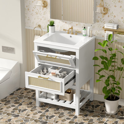 Meuble-lavabo 24 po avec lavabo intégré en céramique, armoire avec tiroir profond et tiroir basculant pour salle de bain petite à moyenne