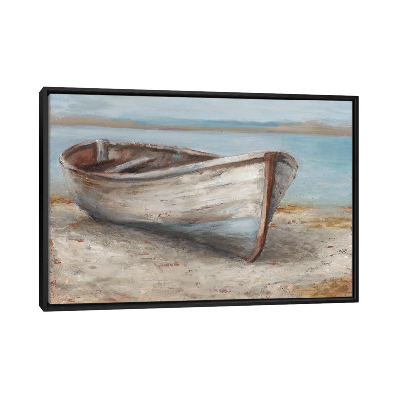 «Whitewashed Boat I» par Ethan Harper - reproduction imprimée, H 40 po x l 60 po x 1,5 po, Cadre noir