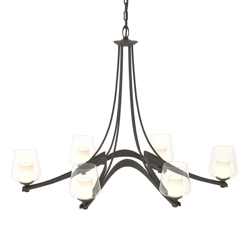 Lustre ovale classique / traditionnel à 6 lumières avec ruban ovale, Opale et verre transparent, Fer naturel