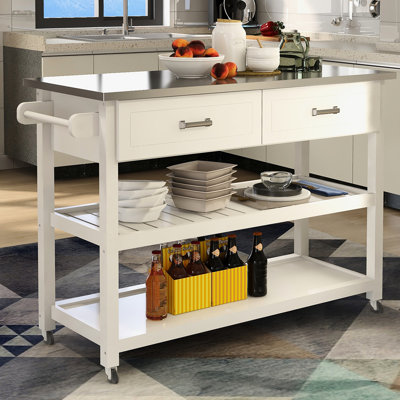 Chariot de cuisine blanc avec deux tiroirs et une table en acier inoxydable